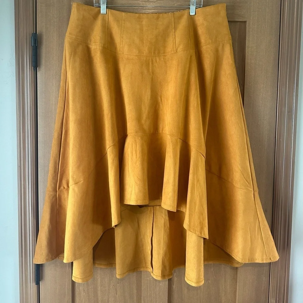 Maeve Anthropologie Cosima Flounced Hi-Low Suede Midi Skirt Mustard size 16W​​ - Picture 2 of 15